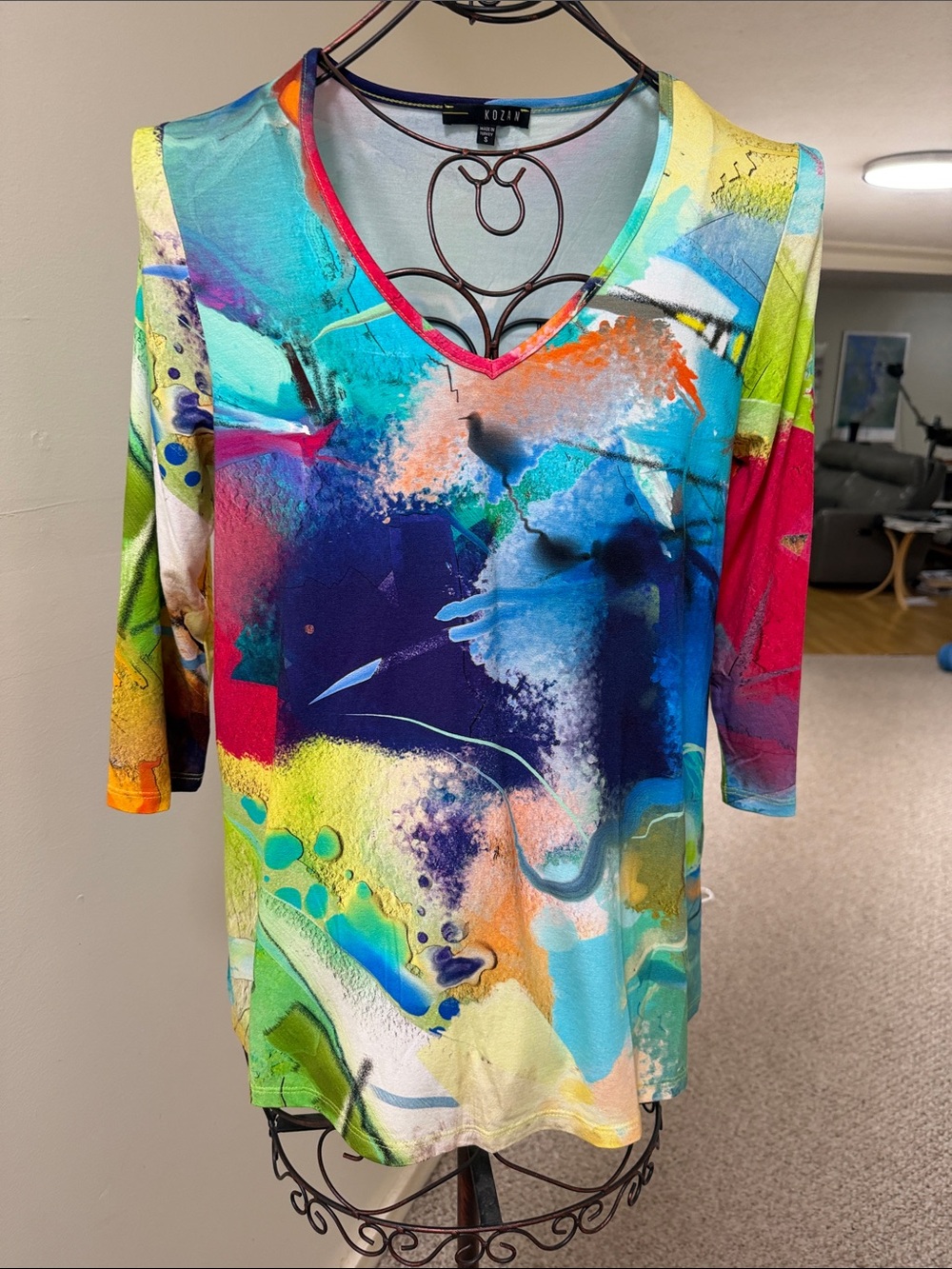 V-Neck Multicolor Abstract Print Top